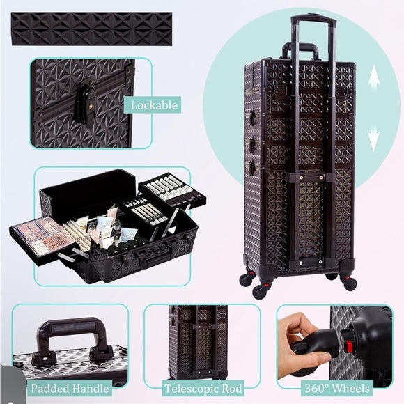 5 in 1 Professional Makeup Train Case Aluminum Cosmetic Case Rolling Makeup Case - Picture 5 of 9